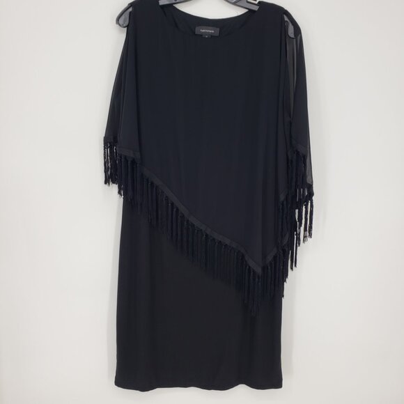 R&M Richards Cold Shoulder Cocktail Dress 12 Fringe Tassels Sheer Cape Black - Picture 1 of 11